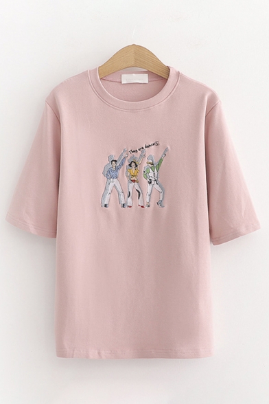 Popular Girls Short Sleeve Round Neck Letter THEY ARE DANCE Cartoon Embroidered Relaxed Fit T-Shirt