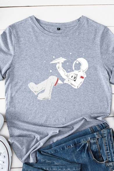 Popular Trendy Girls Rolled Short Sleeve Round Neck Astronaut Printed Loose Tee Top
