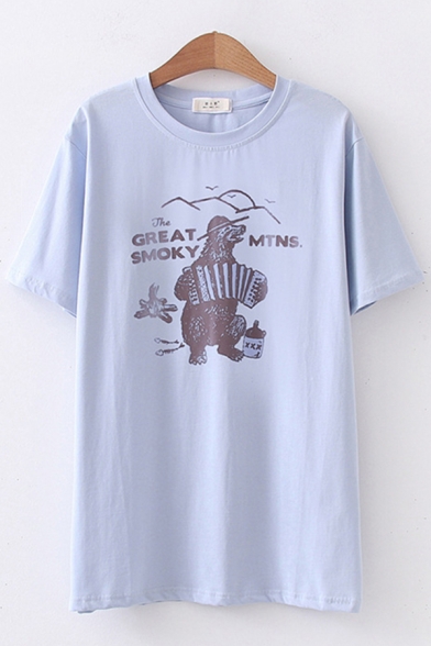 Preppy Girls Short Sleeve Round Neck Letter GREAT SMOKY Bear Graphic Regular Fit T-Shirt
