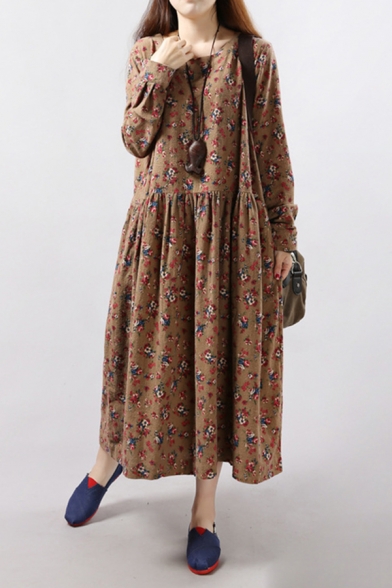 Pretty Girls Long Sleeve Round Neck Ditsy Floral Printed Linen and Cotton Maxi Swing Dress