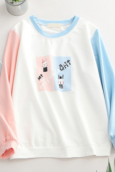 Pretty Girls Long Sleeve Round Neck Letter PINK NIGHT Rabbit Graphic Color Block Loose Fitted Pullover Sweatshirt in White