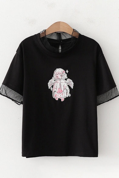 Pretty Girls Short Sleeve Crew Neck Mesh Patched Cartoon Printed Relaxed Fit T-Shirt