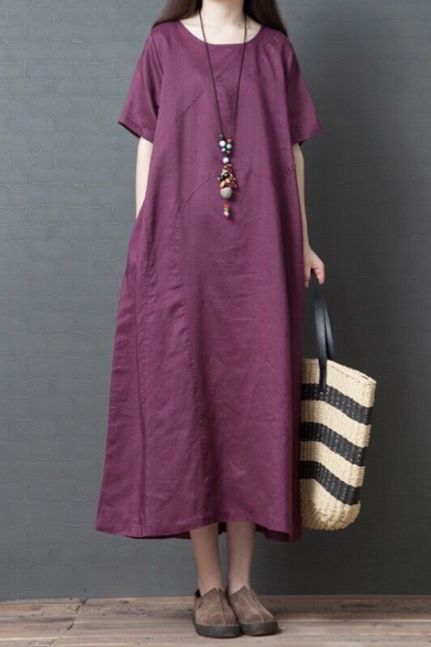 Simple Womens Short Sleeve Round Neck Cotton and Linen Color Block Long Oversize Dress