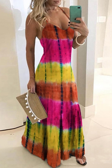 Trendy Fancy Womens Sleeve Stripe Print Colorblocked Maxi A-Line Cami Dress