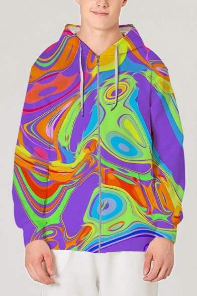 Boys Chic Street Long Sleeve Drawstring Zip Up 3D Abstract Geometric Pattern Loose Fit Hoodie in Purple