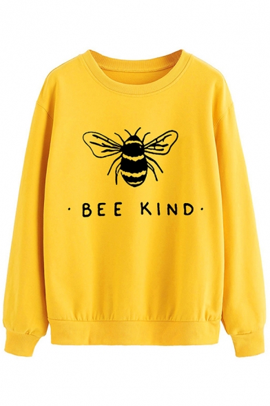 Casual Womens Long Sleeve Round Neck BEE KIND Letter Bee Print Relaxed Pullover Graphic Sweatshirt