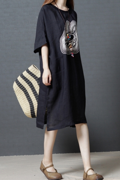 Casual Womens Short Sleeve Round Neck Rabbit Patterned Linen and Cotton Slit Sides Long Oversize Black Dress