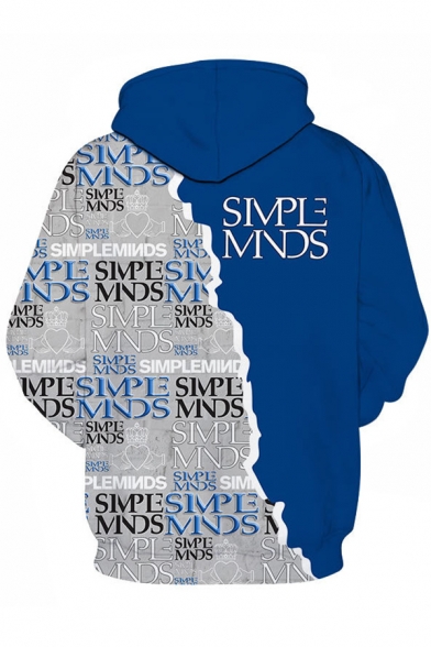 Chic Creative Long Sleeve Drawstring Letter SIMPLE MINDS Print Colorblocked Pouch Pocket Loose Hoodie for Men