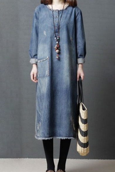 Cool Fashionable Roll Up Sleeves Round Neck Patched Pocket Raw Edge Maxi Oversize Denim Dress for Girls