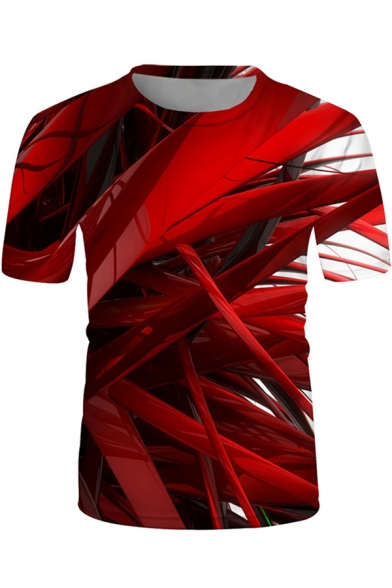 Cool Street Boys Short Sleeve Crew Neck 3D Abstract Pattern Loose T-Shirt in Red