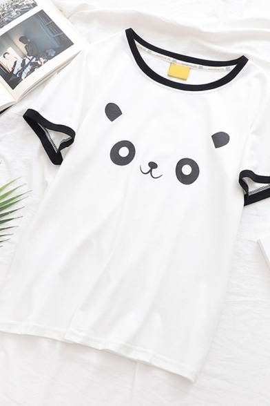 

Cute Simple Girls Short Sleeve Round Neck Panda Printed Contrast Piped Relaxed Fit T-Shirt in White, LC606955