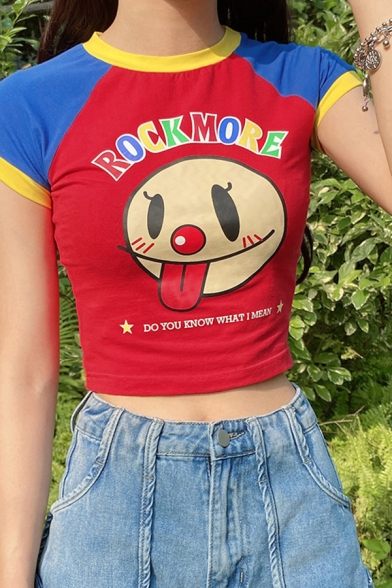 Cute Trendy Short Sleeve Crew Neck Letter ROCKMORE Cartoon Graphic Color Block Slim Fit Crop Red T-Shirt for Girls