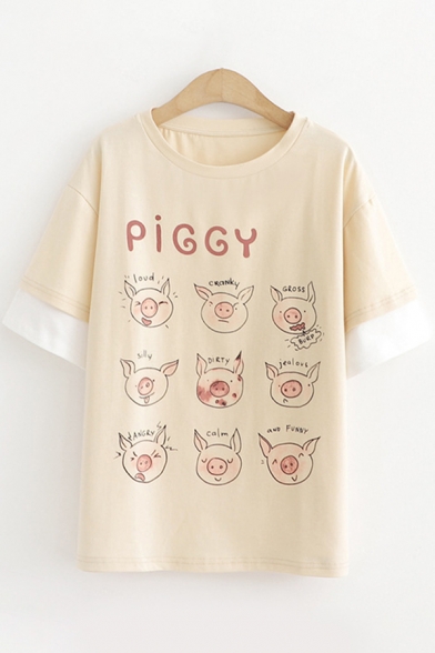 Exclusive Womens Short Sleeve Round Neck Letter PIGGY Cartoon Pig Graphic Patched Contrasted Loose Fit T-Shirt