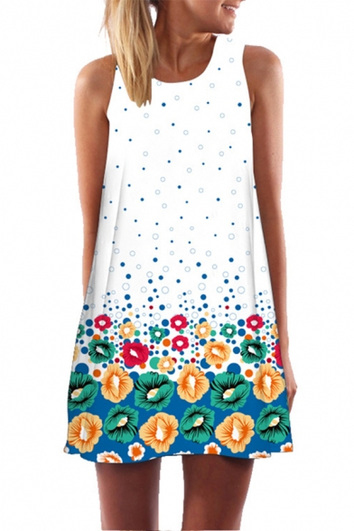 Fancy Ladies Sleeveless Round Neck Floral Patterned Short A-Line Tank Dress