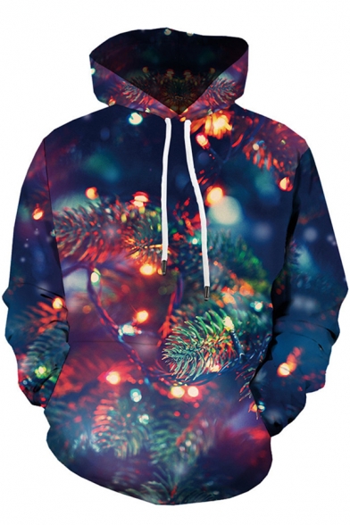 Fancy Mens Blue Long Sleeve Tree Bulb 3D Print Drawstring Relaxed Hoodie with Pocket