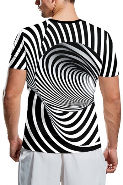 Fashionable Mens Short Sleeve Crew Neck Stripe Vortex 3D Print Fitted T-Shirt in Black