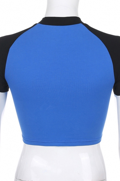Fashionable Womens Blue Short Sleeve Crew Neck Letter SURE Print Colorblock Slim Fit Crop T-Shirt