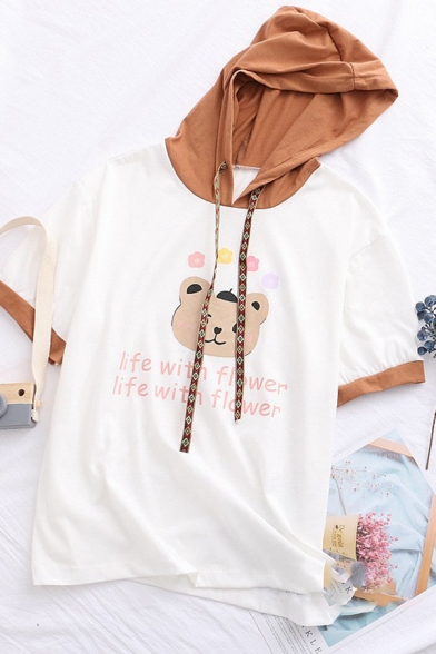 Fashionable Womens Short Sleeve Hooded Drawstring Bear Letter LIFE WITH FLOWER Graphic Contrasted Regular Fit Tee in White