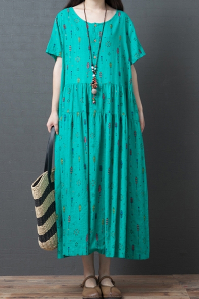 

Green Trendy Short Sleeve Round Neck All Over Feather Print Linen and Cotton Maxi Swing Dress for Ladies, LM607543