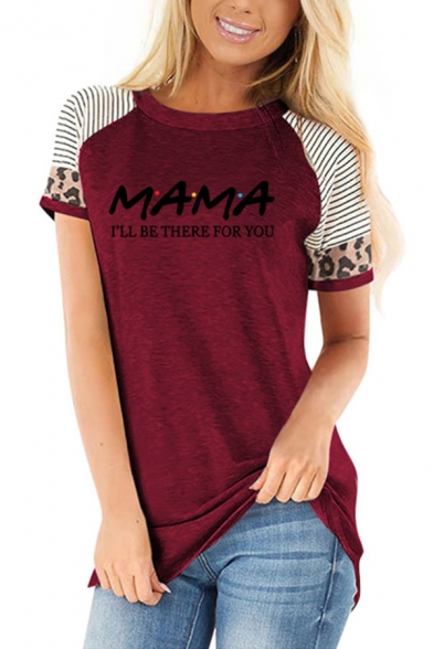 Leisure Womens Short Sleeve Round Neck Stripe Leopard Letter MAMA Graphic Color Block Relaxed Fit T Shirt
