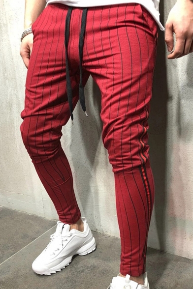 New Trendy Boys Drawstring Waist Stripe Printed Contrasted Ankle Length Slim Fit Trousers