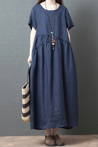 Popular Womens Short Sleeve Round Neck Linen Patchwork Maxi Oversize Dress in Navy
