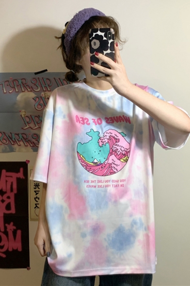 Pretty Lovely Girls Short Sleeve Crew Neck Letter WAVES OF SEA Cartoon Wave Graphic Tie Dye Oversize T-Shirt