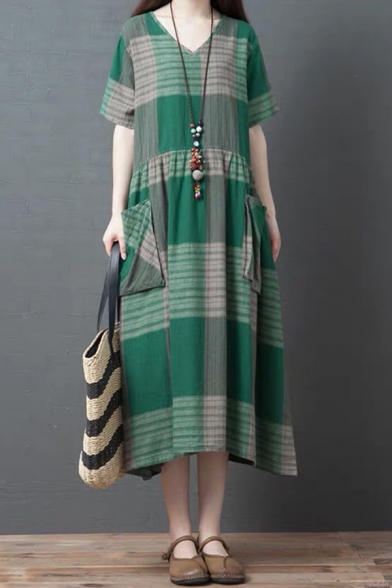 Retro Style Womens Short Sleeve V-Neck Checkered Striped Patched Pocket Linen Long Oversize Dress in Green