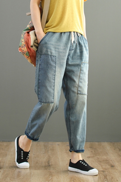 Simple Retro Ladies Drawstring Waist Bleach Patchwork Roll Edge Ankle Length Baggy Sarouel Jeans in Light Blue