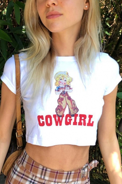 Simple Womens Short Sleeve Crew Neck Letter COW GIRL Cartoon Graphic Slim Fit Crop T-Shirt in White