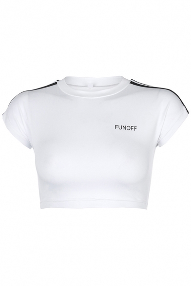 Stylish Womens Rolled Short Sleeve Crew Neck Letter FUNOFF Stripe Printed Fitted Crop T-Shirt in White