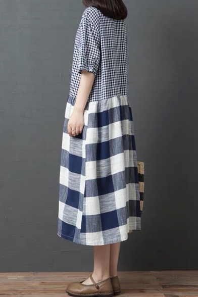Trendy Girls Short Sleeve Round Neck Plaid Printed Patchwork Linen and Cotton Maxi Oversize Dress in Blue
