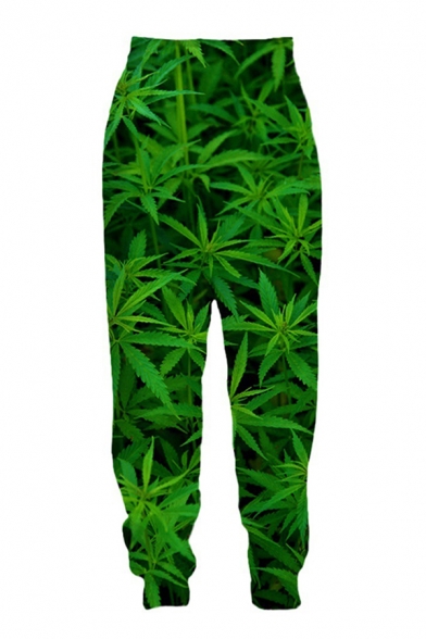 Unique Designer Green Elastic Waist All Over 3D Leaf Printed Cuffed Tapered Fit Sweatpants