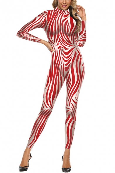 Unique Womens Long Sleeve Mock Neck Zipper Back Stripe Printed Ankle Fitted Costume Jumpsuits in Red