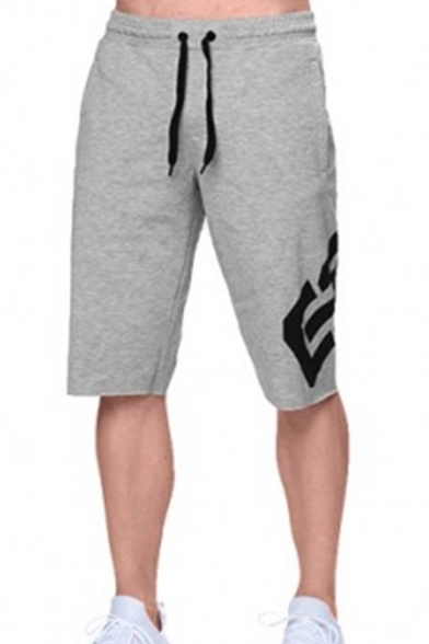 Active Fitness Mens Drawstring Waist Letter Printed Relaxed Fitted Jogger Shorts in Gray