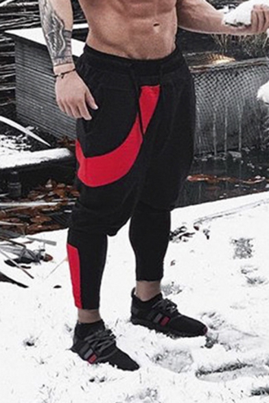Cool Bodybuilding Leisure Drawstring Waist Patterned Color Block Pleated Ankle Length Fitted Pants for Guys
