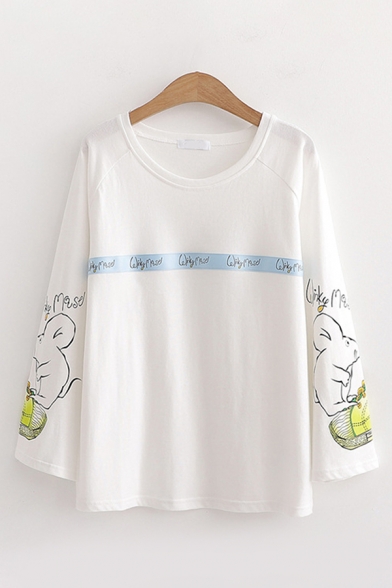 Creative Girls Long Sleeve Round Neck Letter Print Rabbit Graphic Relaxed Fit T-Shirt