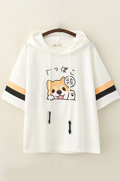 Cute Girls Short Sleeve Drawstring Japanese Letter Dog Embroidered Varsity Striped Relaxed Fit Ears Hooded Tee
