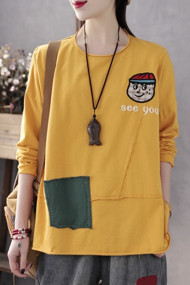 Cute Popular Girls Long Sleeve Round Neck Letter SEE YOU Cartoon Embroidered Patched Color Block Roll Edge Relaxed Tee Top