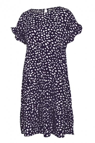 Fancy Fashion Womens Bell Sleeve Round Neck Polka Dot Printed Ruffled Trim Midi Pleated Swing Dress