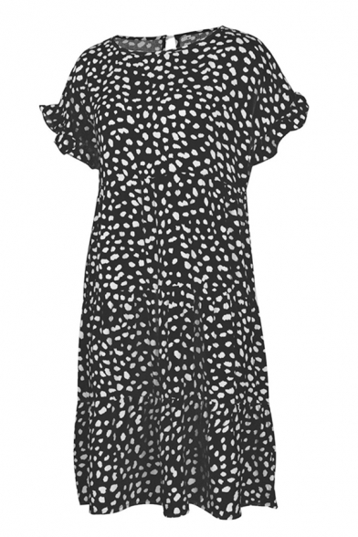 Fancy Fashion Womens Bell Sleeve Round Neck Polka Dot Printed Ruffled Trim Midi Pleated Swing Dress