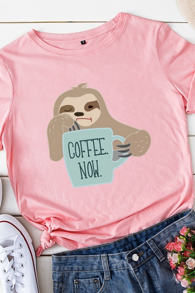 Fancy Girls Roll Up Sleeve Round Neck Letter COFFEE NOW Sloth Graphic Regular Fit T-Shirt
