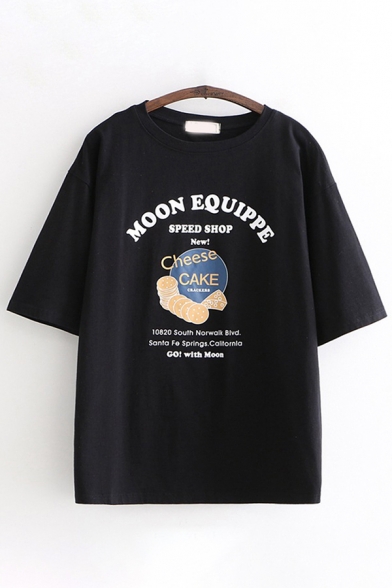Fashion MOON EQUIPPE Letter Cheese Graphic Short Sleeve Round Neck Loose Fit T Shirt