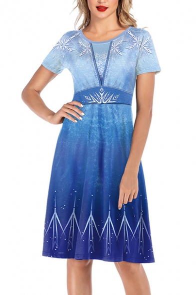 

Gorgeous Ladies Short Sleeve Round Neck Ice Pattern Ombre Midi Pleated A-Line Dress in Blue, LM609027