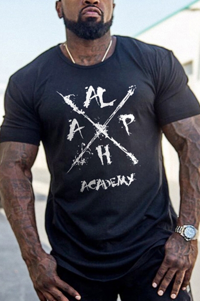 Hip Hop Street Mens Short Sleeve Round Neck Letter ACADEMY Pattern Slim Fitted T-Shirt