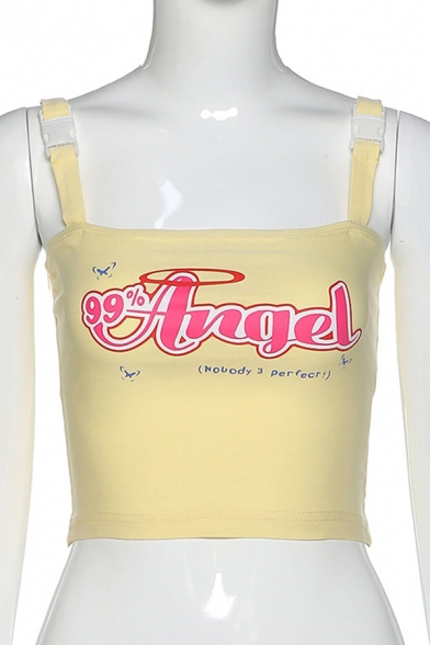 Hot Girls Sleeveless Buckle Straps Letter ANGEL Print Slim Fit Crop Tank Top in Yellow