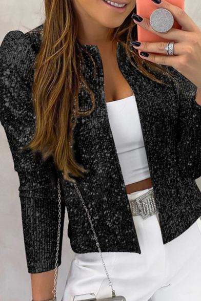 Hot Womens Long Sleeve Bling Bling Sequins Open Front Slim Fitted Plain Jacket