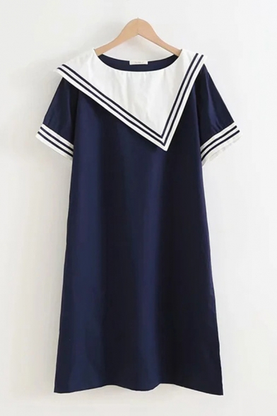 Leisure Girls Short Sleeve Asymmetric Sailor Collar Stripe Print Colorblock Short A-Line Dress