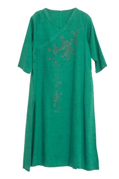New Fashion Womens Three-Quarter Sleeves Surplice Neck Flower Embroidery Cotton and Linen Maxi Oversize Dress in Green