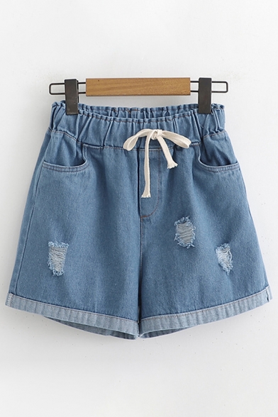 

Popular Womens Drawstring Waist Ripped Rolled Cuffs Relaxed Fit Denim Shorts, Dark blue;light blue, LM602667